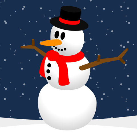 vector art snowman with black hat, branch arms, and carrot nose